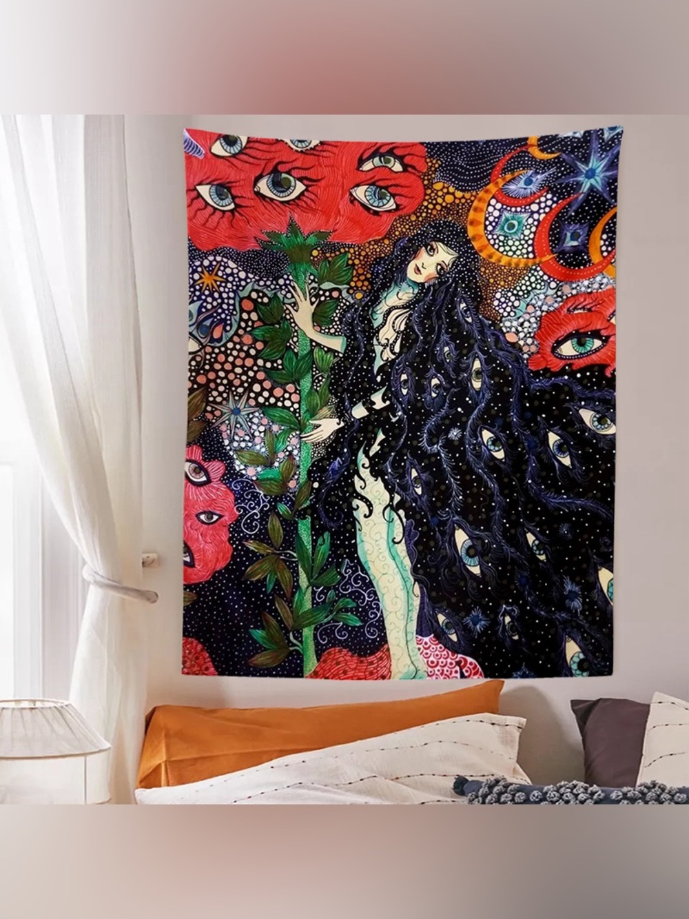 Psychedelic Goth Graphic Hanging Girl Eyes Tapestry Wall Decor